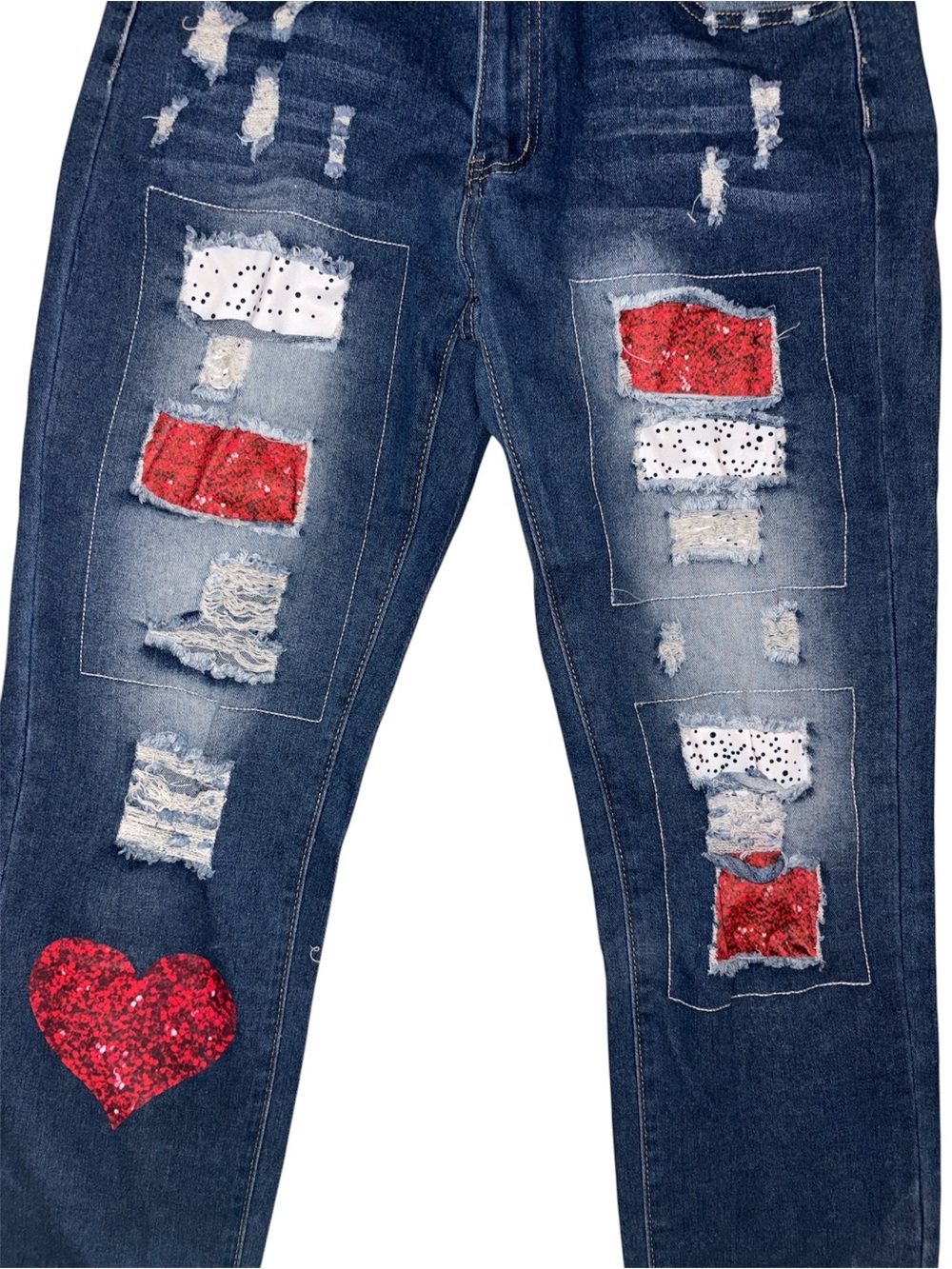 Dark Blue Women's Distressed Jeans with Red Sequin Heart Patch - Picture 2 of 4